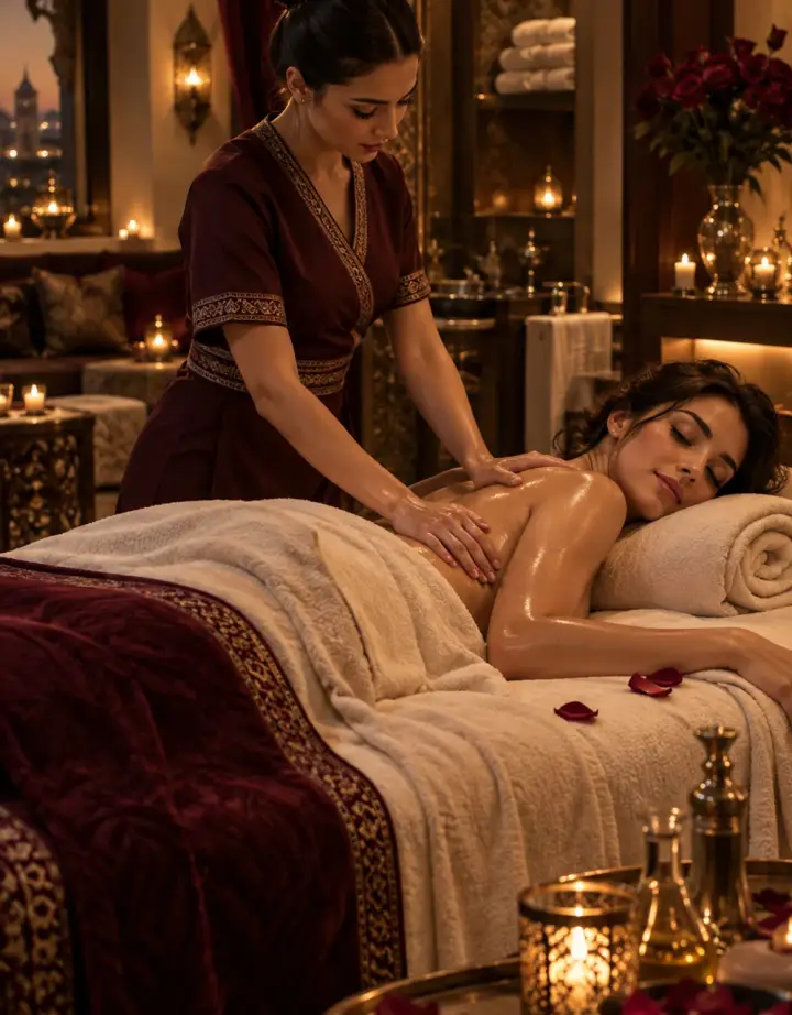 Sultan masajı için hazırlanmış loş ve sıcak tonlu bir spa ortamı