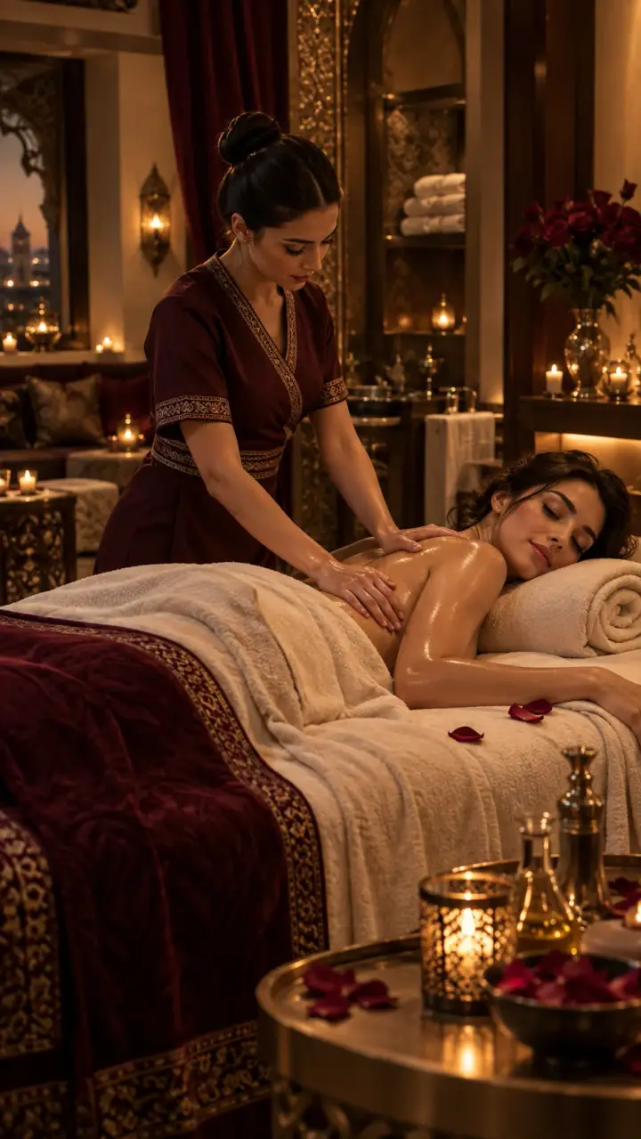 Masaj yatağı ve sıcak ışıklarla hazırlanmış sakin bir spa ortamı